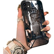 HONTINGA iPhone 12 Mini ile Uyumlu Kılıf Silikon Kenar Sert Arka Kamera Koruyucu Basitlik Anti Düşme Kamera Sevgili Çift Kılıf Galata Kulesi Desen Couple Telefon Kılıfı K1-2501