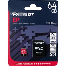 Patriot Ep Series 64GB Microsdxc V30 A1 U3 Class 10 Hafıza Kartı + Sd Adaptör PEF64GEP31MCX