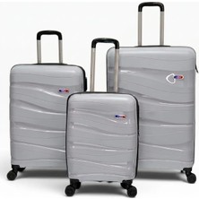 Away Dalgalı Model 3’lü Kabin Boy + Orta Boy + Büyük Boy Gri Valiz Seti