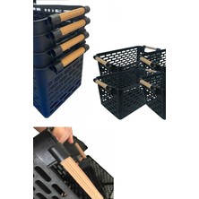 Silky Real 4 Adet Ahşap Renk Plastik Saplı Organizer Sepet Düzenleyici (Siyah) Plastik Siyah