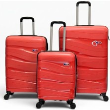 Away Dalgalı Model 3’lü Kabin Boy + Orta Boy + Büyük Boy Kırmızı Valiz Seti