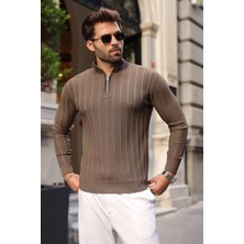 Madmext Açık Kahve Slim Fit Hakim Yaka Fermuarlı Erkek Triko Kazak E7518