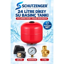 SCHUTZENGER 24 Litre Yatay Tank Su Basınç Tankı Kullanıma Hazır Havalı ve Aksesuarlar Şartel 5 Yok Manometre
