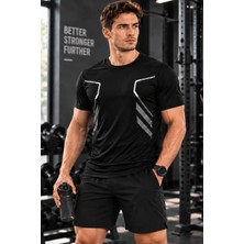 Erkek Spor Tişört Antreman Gym Polyester Erkek Sporcu t-Shirt Şeritli-Tişört