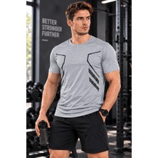 Erkek Spor Tişört Antreman Gym Polyester Erkek Sporcu t-Shirt Şeritli-Tişört