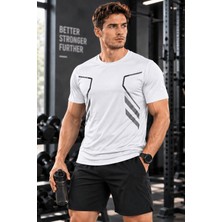 Erkek Spor Tişört Antreman Gym Polyester Erkek Sporcu t-Shirt Şeritli-Tişört