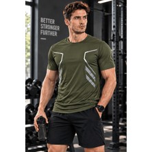 Erkek Spor Tişört Antreman Gym Polyester Erkek Sporcu t-Shirt Şeritli-Tişört