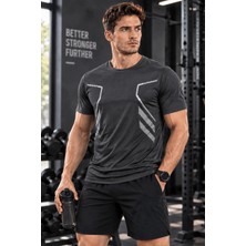 Erkek Spor Tişört Antreman Gym Polyester Erkek Sporcu t-Shirt Şeritli-Tişört
