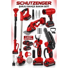 SCHUTZENGER 6’lı Set 3 Akülü Dal Budama Makası-Testere-Üfleme-Çit Budama-Çim Biçme-Teleskop Kol Kırmızı Bahçe Bakımı