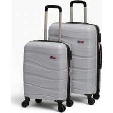 Away Dalgalı Model 2’li Kabin Boy + Orta Boy Gri Valiz Seti