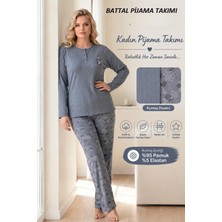 Lindros Kadın Düğme Yaka Raporlu Interlok Kışlık Battal Pijama Takımı 02735 - 1 Adet