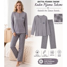 Lindros Kadın Düğme Yaka Raporlu Interlok Kışlık Battal Pijama Takımı 02702 - 1 Adet