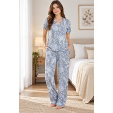 Lilac Kadın %100 Viskon Etnik Desenli Açık Gri Gömlek Yaka Pijama Takımı