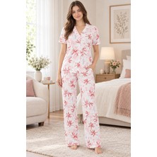 Lilac Kadın %100 Viskon Yaprak Desenli Beyaz - Nar Çiçeği Gömlek Yaka Pijama Takımı