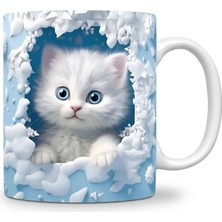 Renkli Gözlü Kedi (Soft Mavi) Baskılı 3D Efektli Hediyelik Porselen Kupa Bardak, Kedili Kupa Bardak