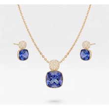 Velund 14K Altın Kaplama Mavi Premium Kristal Kolye ve Küpe Seti