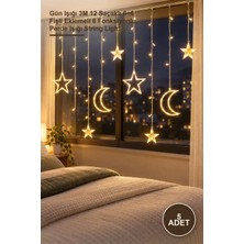 Yenilig 5 Adet Ay Yıldız Perde LED – Gün Işığı 3m 12 Saçaklı 6+6 Fişli Eklemeli 8 Fonksiyonlu, Perde Işığı String Light