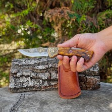 Köse Mehmet Katlanır Model  - N690 Çelik 24K Altın Kurt Gravür Işlemeli Stabilize Sap