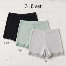 İncili Tekstil Kadın 3'lü Dantel Paçalı Fitilli Boxer Şort Seti - Siyah, Yeşil, Gri - L - Model 5022