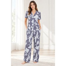 Lilac Kadın %100 Viskon Gri Desenli Gömlek Yaka Pijama Takımı
