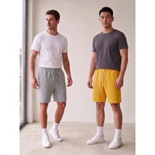 Machi Makiteks Erkek Gri Sarı Ikili Rahat Kesim Beli Lastikli Cepli Penye Şort Günlük Basic Rejenere Sweat Bermuda