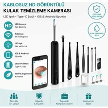 TeknoKapsül Buffer® Siyah Kablosuz Hd Görüntülü Kulak Temizleme Kamerası, LED Işıklı Type-C Şarjlı Ios ve Android Uyumlu Kulak Temizleme Seti