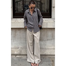 Madmext Gri Oversize Ekose Desenli Kadın Gömlek MG2589