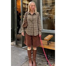 Madmext Haki Oversize Ekose Desenli Kadın Gömlek MG2589
