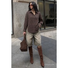 Madmext Kahverengi Oversize Ekose Desenli Kadın Gömlek MG2589