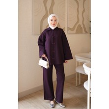 İmaj Butik Mürdüm Biye Düğmeli Ceket Pantolonlu Gabardin Takım