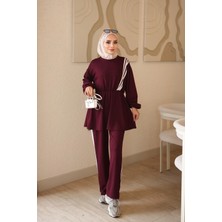 İmaj Butik Mürdüm Bel Lastikli Şeritli Tunik Pantolonlu Takım