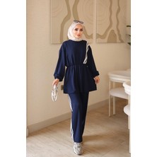 İmaj Butik Lacivert Bel Lastikli Şeritli Tunik Pantolonlu Takım