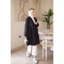 İmaj Butik Siyah Kruvaze Yaka Astarlı Bel Bağlamalı Trençkot