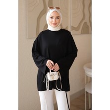 İmaj Butik Siyah Yan Biye Bağlamalı Modal Tunik