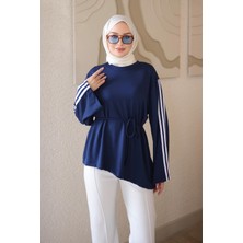 İmaj Butik Lacivert Bel Bağlamalı Şeritli Sweat