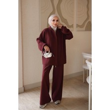 İmaj Butik Bordo Fermuarlı Corsman Hırka Pantolonlu Triko Takım