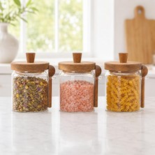 Akasya Kapaklı Kaşıklı Cam Kavanoz 450 ml 3'lü Set, Şeffaf Cam Saklama Kavanozu, Ahşap Kapaklı Kaşıklı Mutfak Düzenleyici, Baharat Kahve Şeker Bakliya