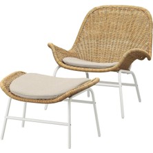Rattan Berjer Koltuk ve Puf, Beyaz Metal Çerçeve, Doğal Rattan, Krem Döşeme