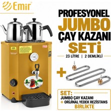 Emir Profesyonel Jumbo Çay Kazanı Seti 23 Lt 2 Demlikli + Orijinal Yedek Rezistans – Sarı