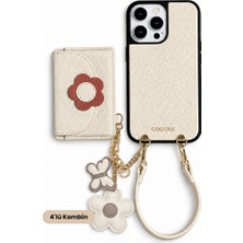 COGURE Hera iPhone 16 Pro Max Uyumlu Çiçek MagSafe Cüzdan, Çiçek Charm, Bileklik Askı, Kılıf 4'lü Bej Set