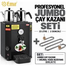 Emir Profesyonel Jumbo Çay Kazanı Seti 23 Lt 2 Demlikli + Orijinal Yedek Rezistans – Siyah