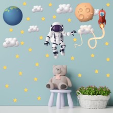 Astronot Uzay Macerası Duvar Sticker Seti - Dünya, Göktaşı, Mavi Bulutlar ve Yıldızlar - Çocuk Odası Dekoratif Duvar Çıkartması