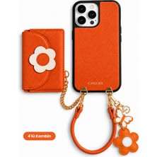 COGURE Hera iPhone 16 Pro Max Uyumlu Çiçek MagSafe Cüzdan, Charm, Bileklik Askı, Kılıf 4'lü Turuncu Set