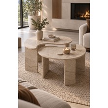 Sulora Home Sulorahome Orta Sehpa 2'li Sehpa Seti Oval Modern Dekoratif Salon Oturma Odası Sehpası Denge 9254 Traverten