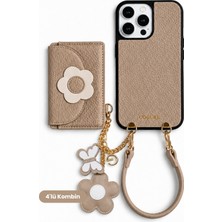 COGURE Hera iPhone 16 Pro Max Uyumlu Çiçek Magsafe Cüzdan, Charm, Bileklik, Kılıf 4'lü Kahverengi Set