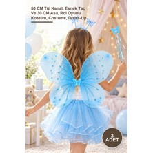 Yenilig 3 Adet Mavi Çocuk Kelebek Kanat Seti – 50 cm Tül Kanat, Esnek Taç ve 30 cm Asa, Rol Oyunu Kostüm, Costume, Dress-Up