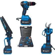 Prohummer PH343 Kömürsüz Akülü 3lü Bahçe Seti - 20CM Dal Budama Testere, Dal Budama Makası ve Vidalama Matkap