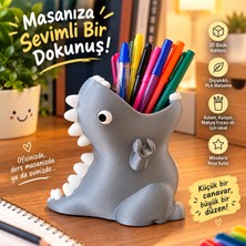 Legend 3D Market Sevimli Dinozor Tasarımlı Kalemlik – Çocuklar Için Eğlenceli Masaüstü Organizer Parlak Gri Renk Yeni