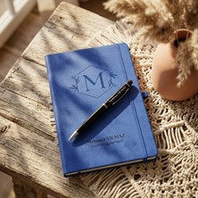 Loren Gift Isme Özel Lacivert Çizgili Deri Defter ve Tükenmez Kalem Seti