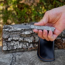 Köse Mehmet Katlanır Model  - Damascus Çelik - Metal Gravür Işlemeli Sap